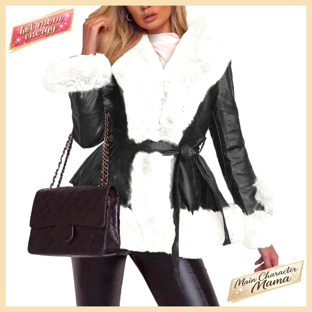 Faux Leather Jacket with Fur Collar, Belted, Long Sleeve, Winter Coat